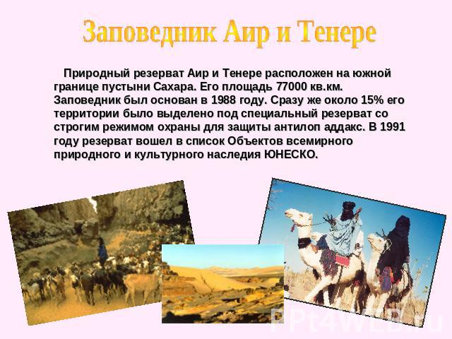 Заповедник Аир и Тенере Природный резерват Аир и Тенере расположен на южной границе пустыни Сахара. Его площадь 77000 кв.км. Заповедник был основан в 1988 году. Сразу же около 15% его территории было выделено под специальный резерват со строгим режи…