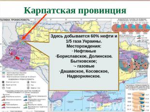 Карпатская провинция Здесь добывается 60% нефти и 1/5 газа Украины. Месторождени