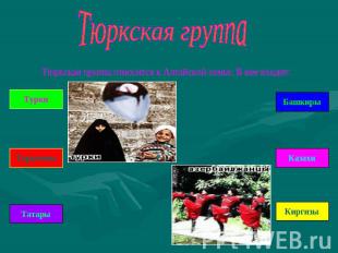 Тюркская группа Тюркская группа относится к Алтайской семье. В нее входят: