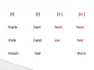[θ] [h] [ıə] [eə] thank ham here hare think hand ear hair mouth hair there