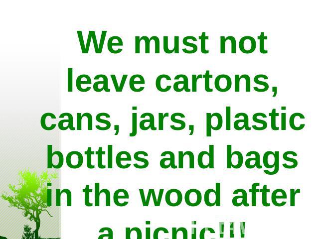 We must not leave cartons, cans, jars, plastic bottles and bags in the wood after a picnic!!!