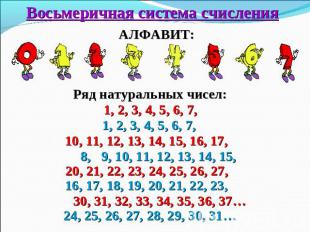 Восьмеричная система счисления АЛФАВИТ: Ряд натуральных чисел: 1, 2, 3, 4, 5, 6,
