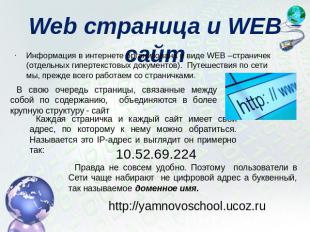 Web страница и WEB сайт Информация в интернете организована в виде WEB –страниче