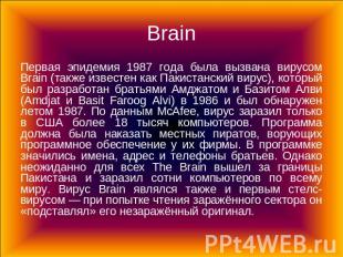 Brain Первая эпидемия 1987 года была вызвана вирусом Brain (также известен как П