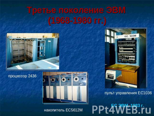 Третье поколение ЭВМ (1968-1980 гг.) процессор 2436 накопитель ЕС5612М пульт управления ЕС1036 ЕС ЭВМ, 1983 г.