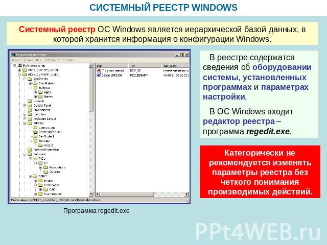 СИСТЕМНЫЙ РЕЕСТР WINDOWS Системный реестр ОС Windows является иерархической базой данных, в которой хранится информация о конфигурации Windows. В реестре содержатся сведения об оборудовании системы, установленных программах и параметрах настройки. В…