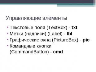 Управляющие элементы Текстовые поля (TextBox) - txt Метки (надписи) (Label) - lb