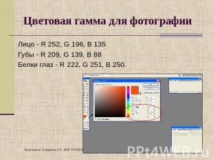 Цветовая гамма для фотографии Лицо - R 252, G 196, B 135 Губы - R 209, G 139, B