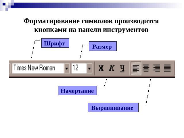 Форматирование символов производится кнопками на панели инструментов