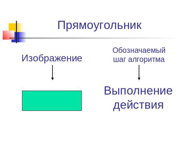 Прямоугольник Обозначаемый шаг алгоритма Выполнение действия