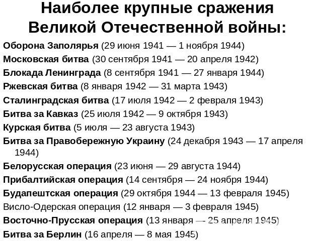 Наиболее крупные сражения Великой Отечественной войны: Оборона Заполярья (29 июня 1941 — 1 ноября 1944) Московская битва (30 сентября 1941 — 20 апреля 1942) Блокада Ленинграда (8 сентября 1941 — 27 января 1944) Ржевская битва (8 января 1942 — 31 мар…