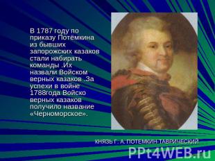 В 1787 году по приказу Потёмкина из бывших запорожских казаков стали набирать ко