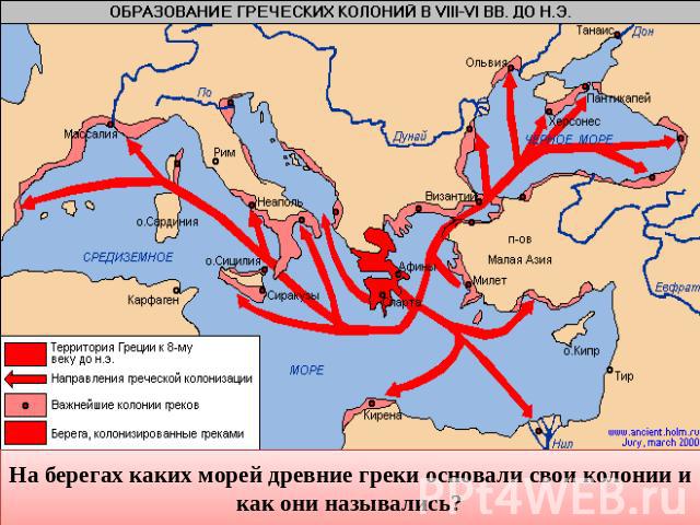 На берегах каких морей древние греки основали свои колонии и как они назывались?