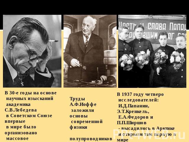 В 30-е годы на основе научных изысканий академика С.В.Лебедева в Советском Союзе впервые в мире было организовано массовое производство синтетического каучука. Труды А.Ф.Иоффе заложили основы современной физики полупроводников. В 1937 году четверо и…