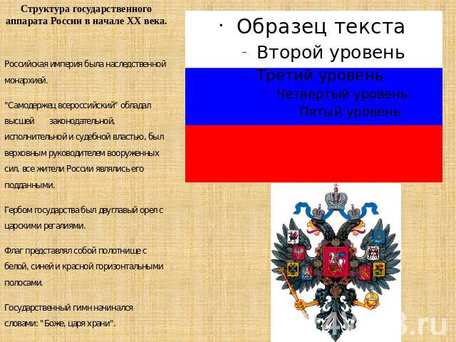 Структура государственного аппарата России в начале XX века. Российская империя была наследственной монархией. 