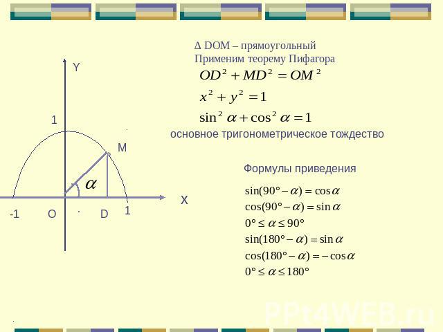 ∆ DOM – прямоугольный Применим теорему Пифагора основное тригонометрическое тождество Формулы приведения