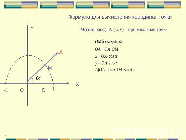 Формула для вычисления координат точки М(сosα; sinα). А ( x;y) – произвольная точка