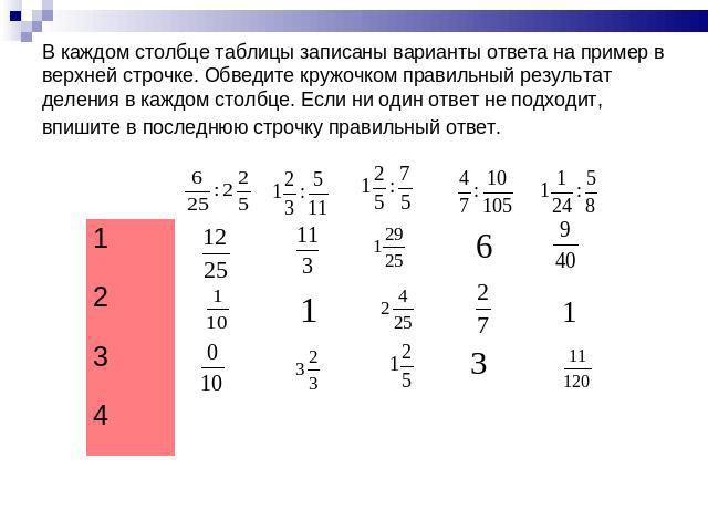 В каждом столбце таблицы записаны варианты ответа на пример в верхней строчке. Обведите кружочком правильный результат деления в каждом столбце. Если ни один ответ не подходит, впишите в последнюю строчку правильный ответ.