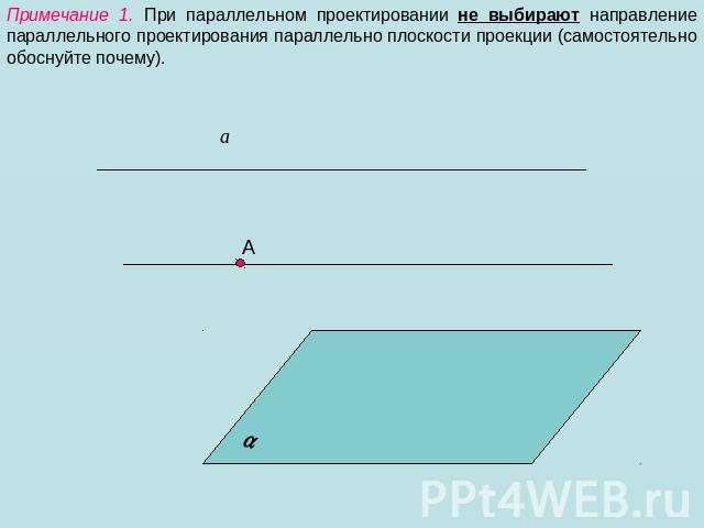 Примечание 1. При параллельном проектировании не выбирают направление параллельного проектирования параллельно плоскости проекции (самостоятельно обоснуйте почему).