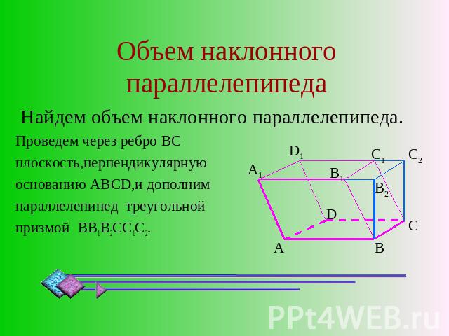 Объем наклонного параллелепипеда Найдем объем наклонного параллелепипеда. Проведем через ребро BC плоскость,перпендикулярную основанию АВСD,и дополним параллелепипед треугольной призмой BB1B2CC1C2.
