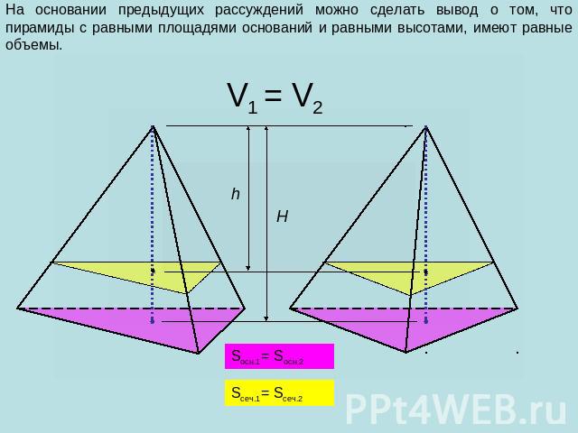 На основании предыдущих рассуждений можно сделать вывод о том, что пирамиды с равными площадями оснований и равными высотами, имеют равные объемы.