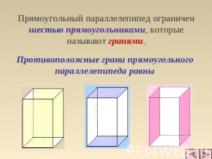 Прямоугольный параллелепипед ограничен шестью прямоугольниками, которые называют