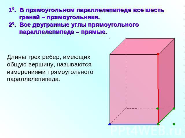 10. В прямоугольном параллелепипеде все шесть граней – прямоугольники. 20. Все двугранные углы прямоугольного параллелепипеда – прямые. Длины трех ребер, имеющих общую вершину, называются измерениями прямоугольного параллелепипеда.