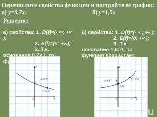Перечислите свойства функции и постройте её график: а) у=0,7х; б) у=1,5х Решение
