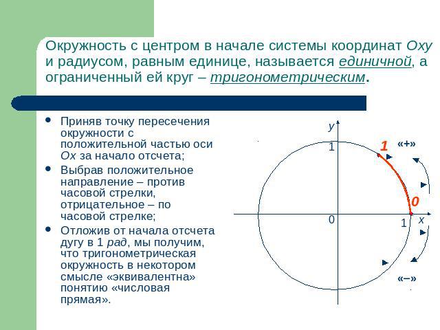 Окружность с центром в начале системы координат Oxy и радиусом, равным единице, называется единичной, а ограниченный ей круг – тригонометрическим. Приняв точку пересечения окружности с положительной частью оси Ох за начало отсчета; Выбрав положитель…