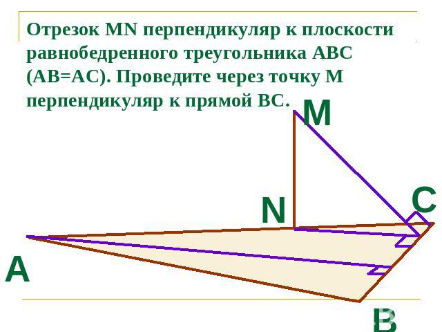 Отрезок MN перпендикуляр к плоскости равнобедренного треугольника АВС (АВ=АС). Проведите через точку М перпендикуляр к прямой ВС.