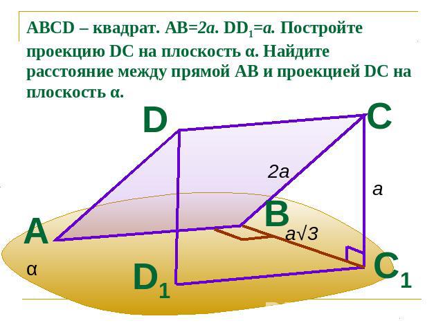ABCD – квадрат. АВ=2а. DD1=a. Постройте проекцию DC на плоскость α. Найдите расстояние между прямой АВ и проекцией DC на плоскость α.