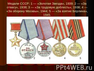 Медали СССР: 1 — «Золотая Звезда», 1939; 2 — «За отвагу», 1938; 3 — «За трудовую
