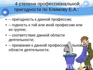4 степени профессиональной пригодности по Климову Е.А.: – пригодность к данной п