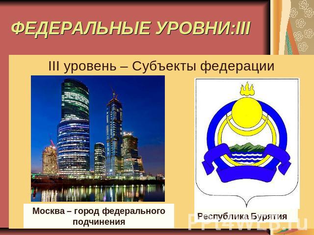 ФЕДЕРАЛЬНЫЕ УРОВНИ:III III уровень – Субъекты федерации Москва – город федерального подчинения Республика Бурятия