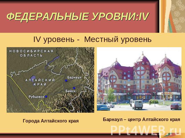 ФЕДЕРАЛЬНЫЕ УРОВНИ:IV IV уровень - Местный уровень Города Алтайского края Барнаул – центр Алтайского края