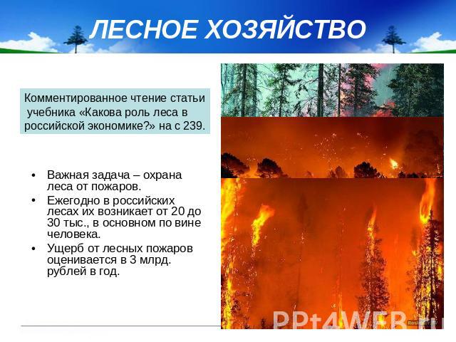ЛЕСНОЕ ХОЗЯЙСТВО Важная задача – охрана леса от пожаров. Ежегодно в российских лесах их возникает от 20 до 30 тыс., в основном по вине человека. Ущерб от лесных пожаров оценивается в 3 млрд. рублей в год.