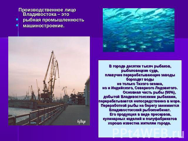 Производственное лицо Владивостока – это рыбная промышленность машиностроение. В городе десятки тысяч рыбаков, рыболовецкие суда, плавучие перерабатывающие заводы бороздят воды не только Тихого океана, но и Индийского, Северного Ледовитого. Основная…