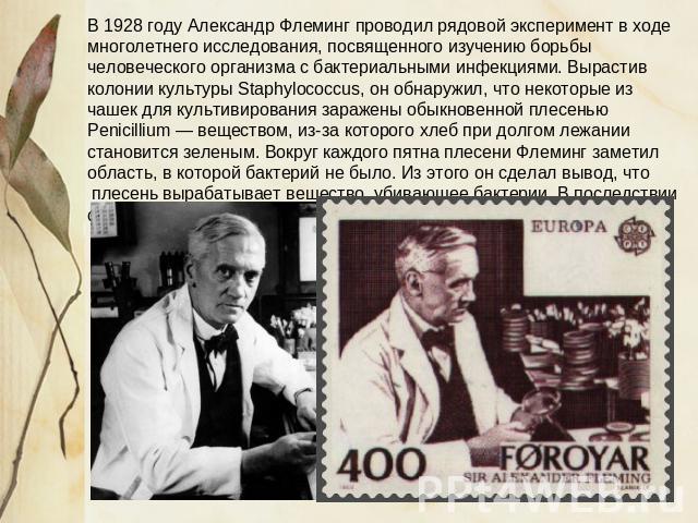 В 1928 году Александр Флеминг проводил рядовой эксперимент в ходе многолетнего исследования, посвященного изучению борьбы человеческого организма с бактериальными инфекциями. Вырастив колонии культуры Staphylococcus, он обнаружил, что некоторые из ч…