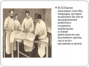 И.П.Павлов изыскивал способы операции, которые позволили бы после выздоровления