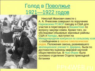 Голод в Поволжье 1921—1922 годов Николай Иванович вместе с А. А. Ячевским соверш