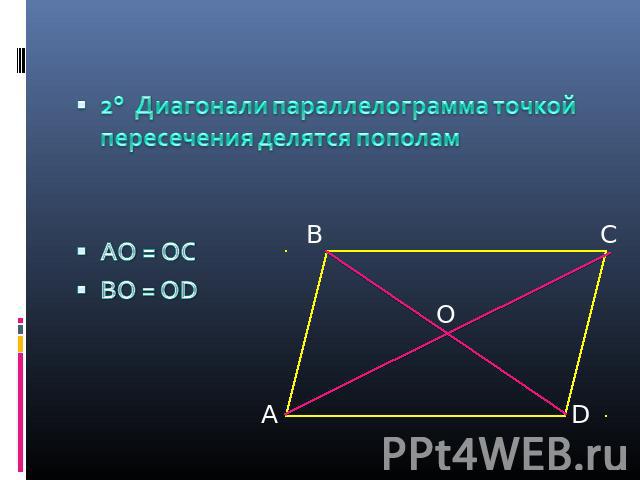 2° Диагонали параллелограмма точкой пересечения делятся пополам AO = OCBO = OD