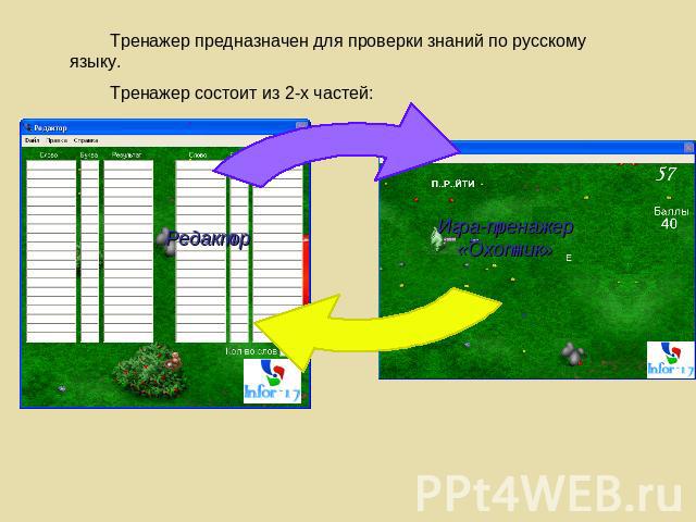 Тренажер предназначен для проверки знаний по русскому языку.Тренажер состоит из 2-х частей: