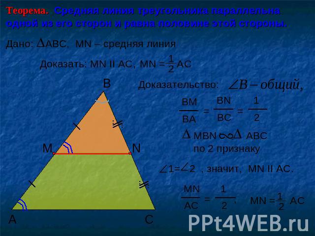 Теорема. Средняя линия треугольника параллельна одной из его сторон и равна половине этой стороны.Дано:ABC, МN – средняя линияДоказать: МN II АС, Доказательство: MBN ABC по 2 признаку 1= 2 , значит, МN II АС.