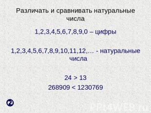 Различать и сравнивать натуральные числа 1,2,3,4,5,6,7,8,9,0 – цифры1,2,3,4,5,6,