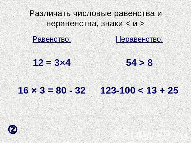 Различать числовые равенства и неравенства, знаки < и > Равенство:12 = 3×416 × 3 = 80 - 32Неравенство:54 > 8123-100 < 13 + 25