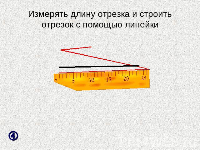 Измерять длину отрезка и строить отрезок с помощью линейки