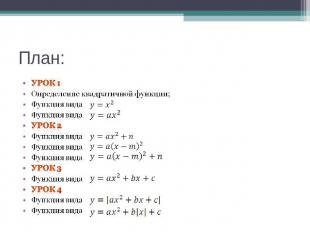 План: Урок 1Определение квадратичной функции;Функция вида Функция вида Урок 2Фун