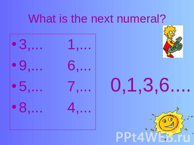 What is the next numeral? 3,... 1,...9,... 6,...5,... 7,...8,... 4,...0,1,3,6