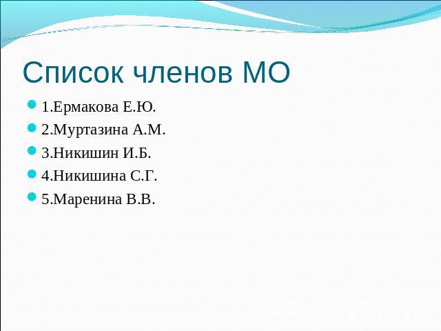Список членов МО 1.Ермакова Е.Ю.2.Муртазина А.М.3.Никишин И.Б.4.Никишина С.Г.5.Маренина В.В.