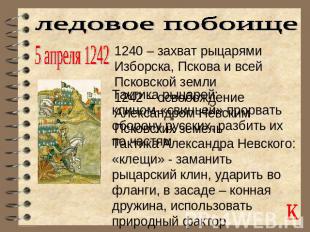 ледовое побоище5 апреля 12421240 – захват рыцарями Изборска, Пскова и всей Псков